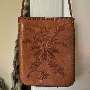 Vintage hand tooled leather crossbody bag